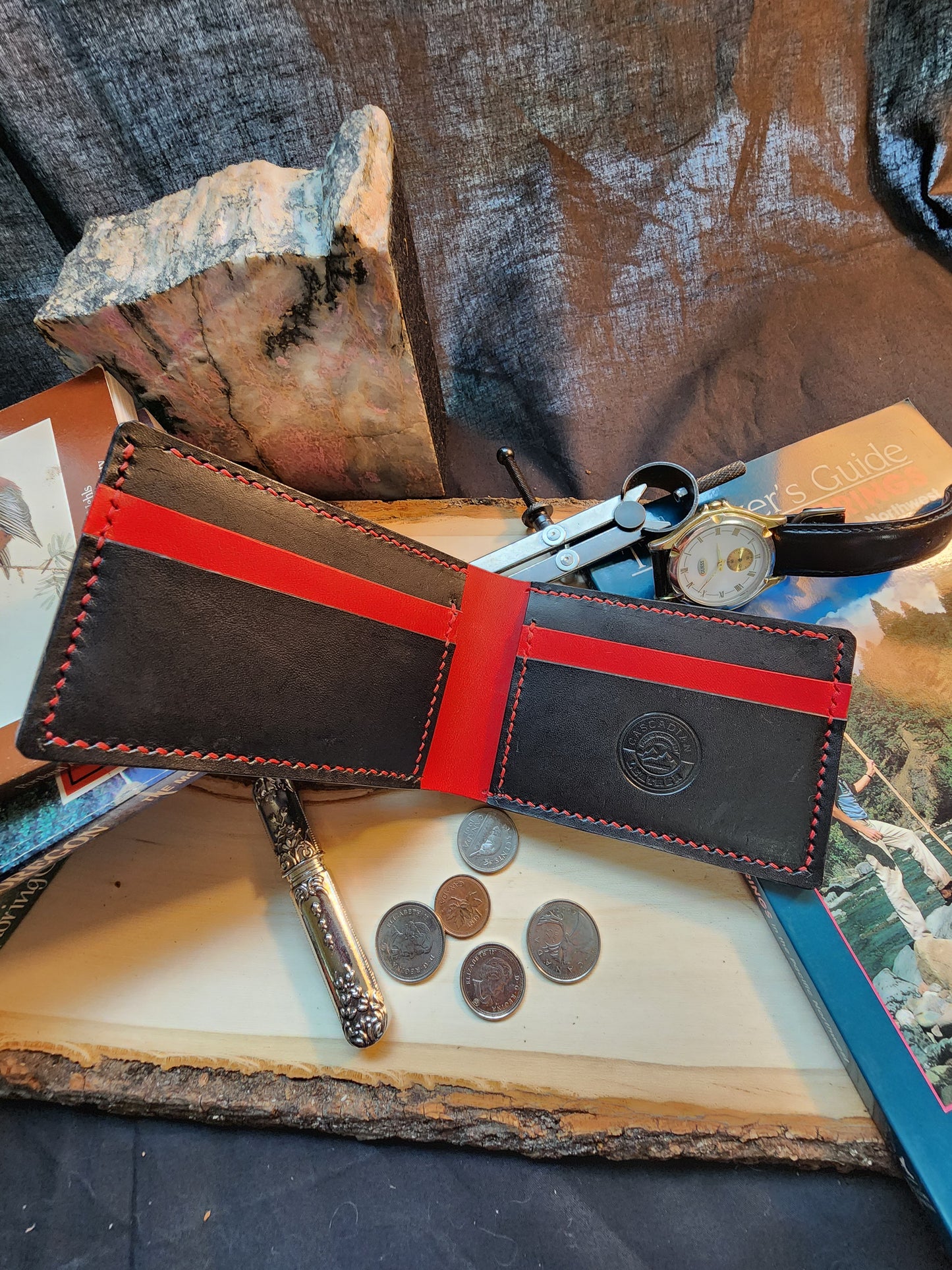 Leather Bifold Wallet in Black and Red