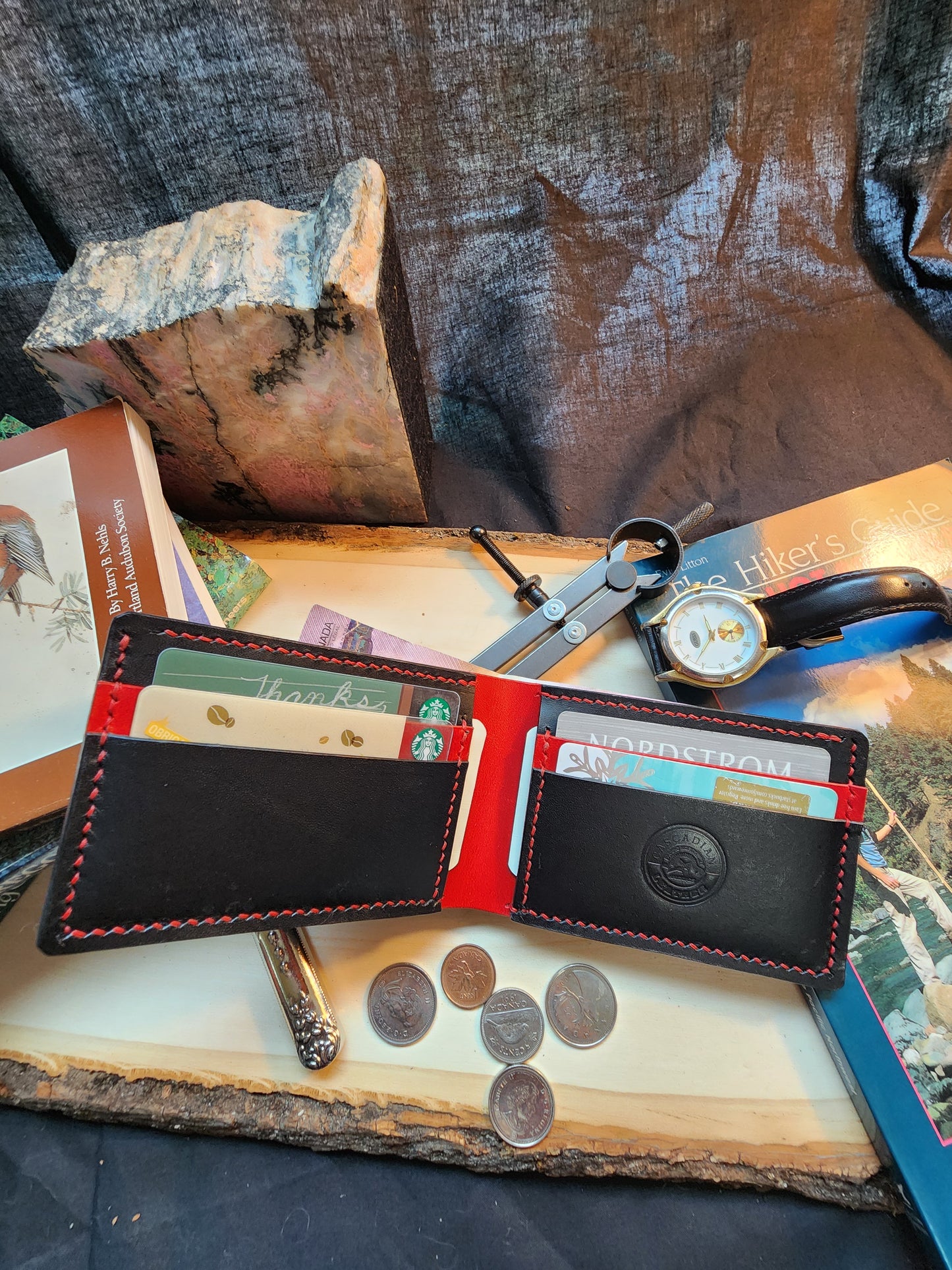 Leather Bifold Wallet in Black and Red